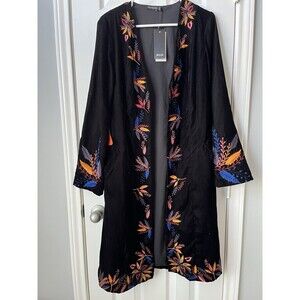 NWT Black Embroidered Velvet Kimono Jacket Duster w/ Pockets Boho Size 8